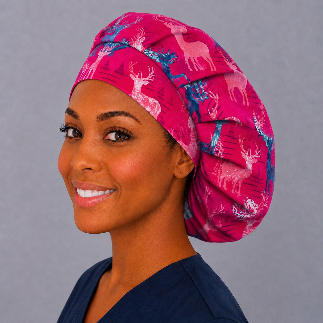 Pink stag bouffant surgical cap for long hair, right angled view — deep gathered fit that secures thick or braided hair