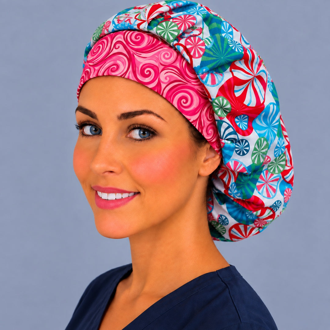 Pink swirl band peppermint bouffant, left angled smiling view — deep gathered fit that secures thick or braided hair