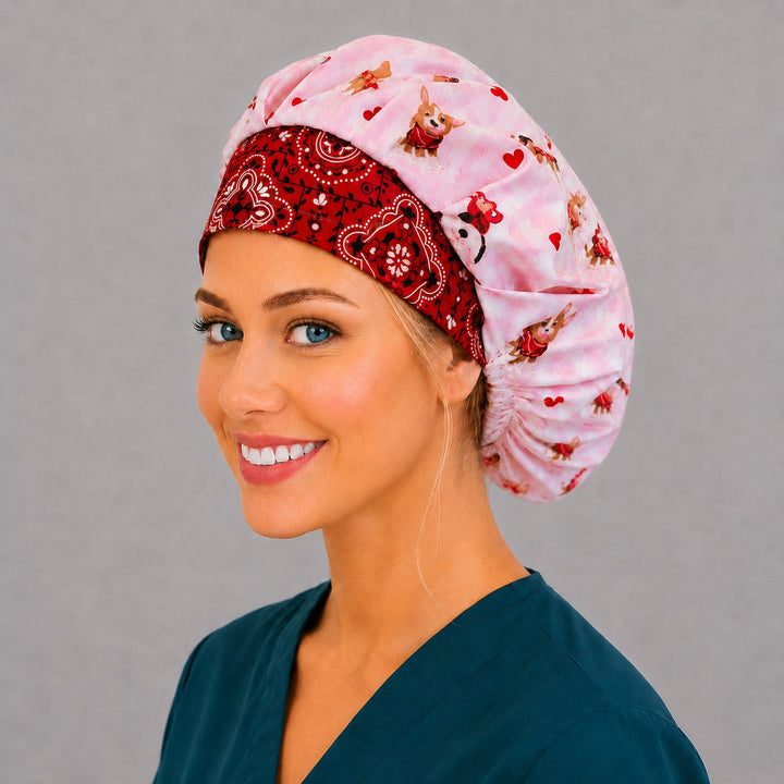 Pink Valentine dog bouffant surgical cap for long hair, left angled view — deep gathered fit that secures thick or braided hair