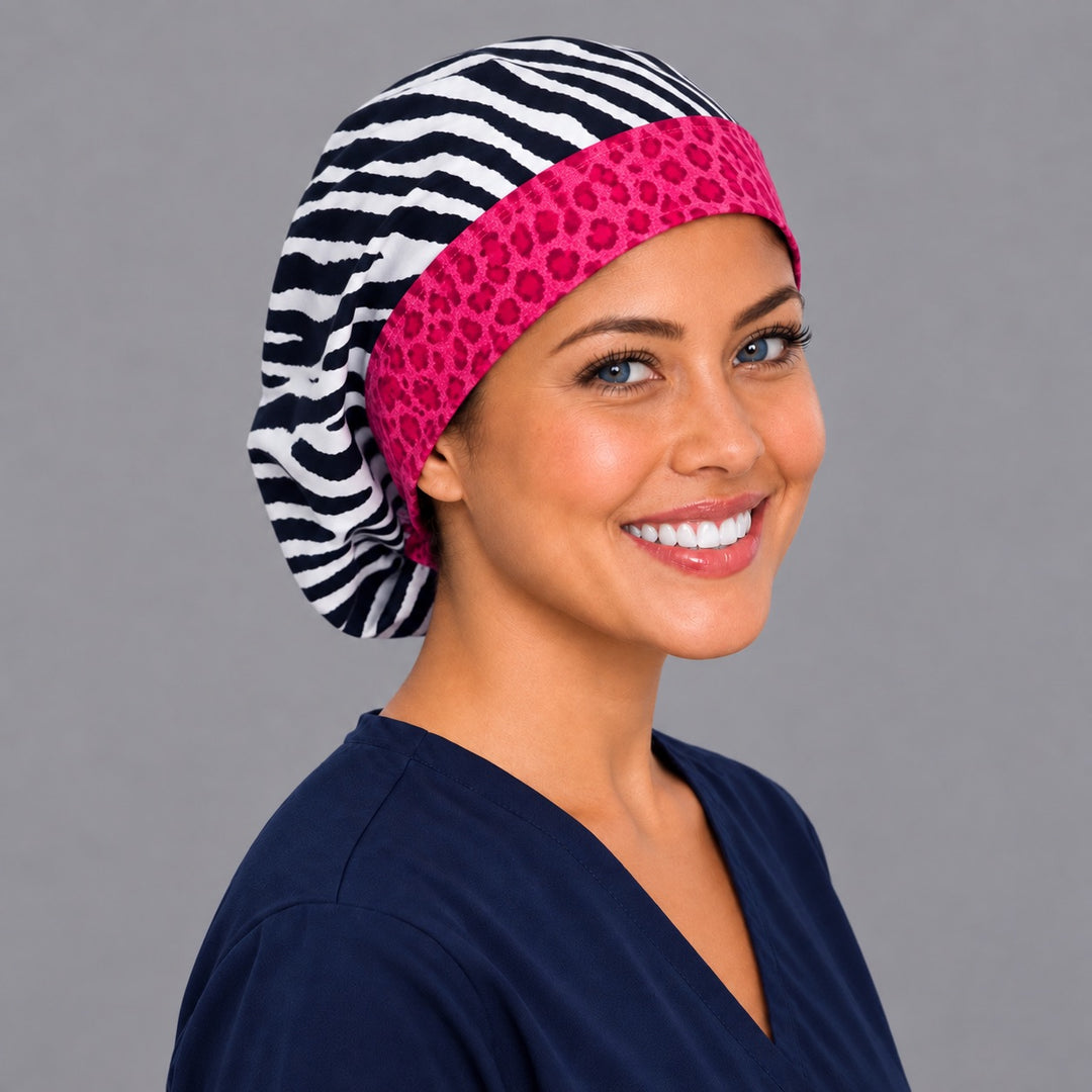 Pink and zebra Euro scrub cap, right angled smiling view — bold animal print for OR nurses and surgical techs