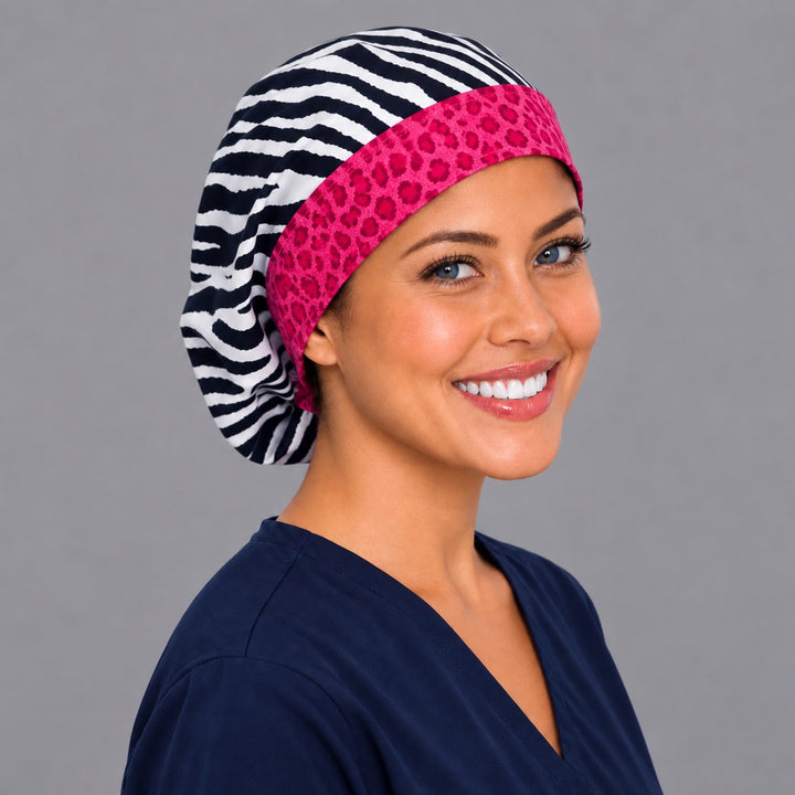 Pink and zebra Euro scrub cap, right angled smiling view — bold animal print for OR nurses and surgical techs