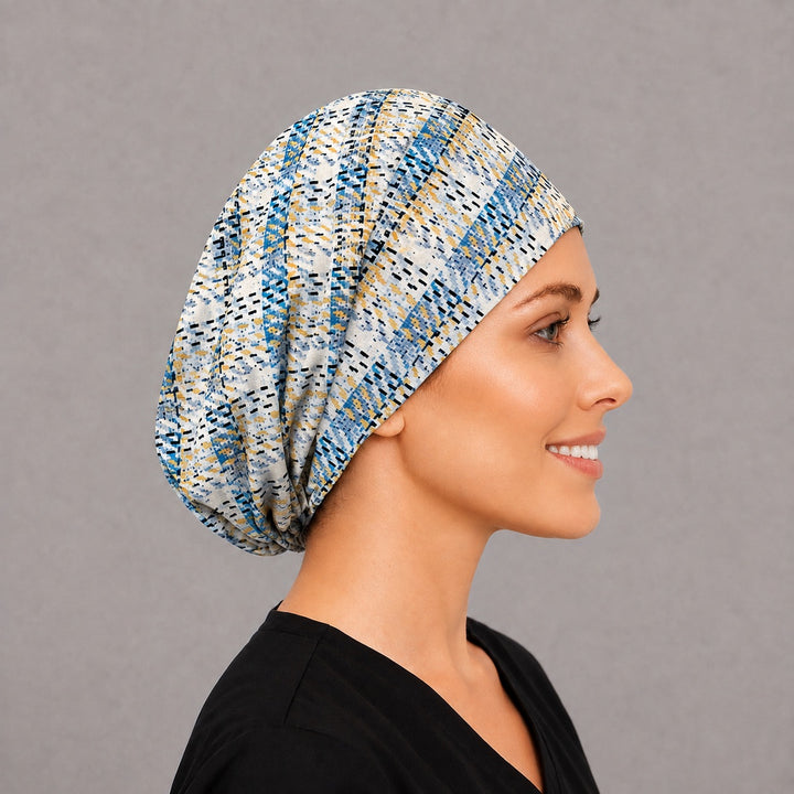 Plaid Euro cap for women, right side profile — breathable cotton surgical cap for OR nurses and surgical techs
