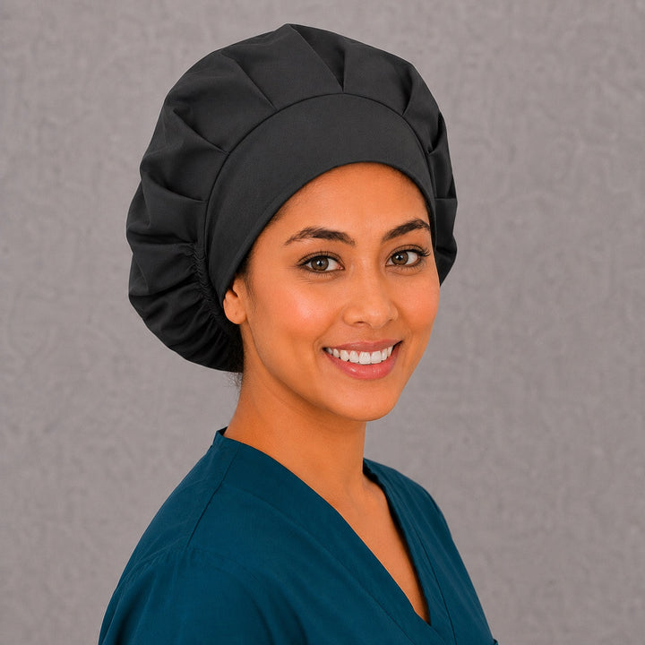 Plain black bouffant scrub cap, right angled view — professional solid cap for surgical techs, dentists and vet teams