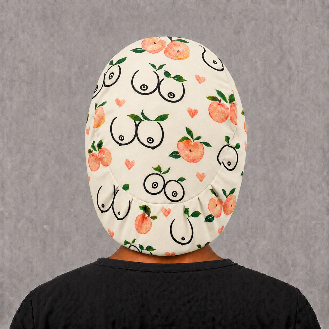 Plastic surgery Euro cap for women, right side profile — handmade peaches and hearts surgical cap, USA made