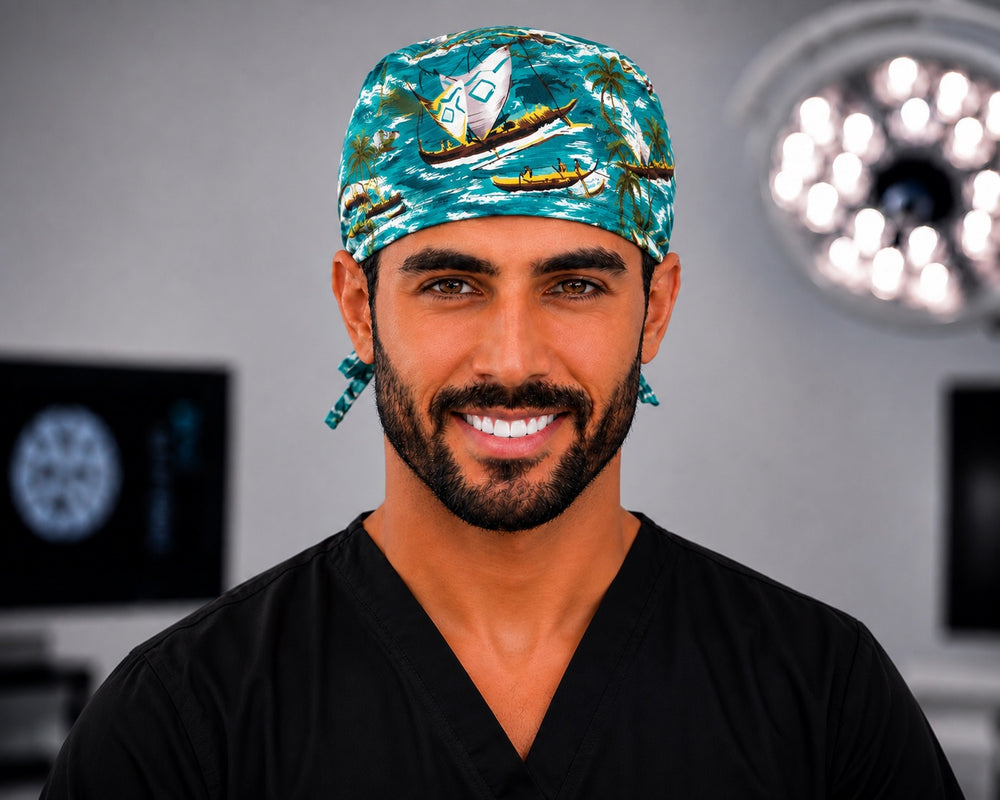 Polynesian canoe scrub cap with island sailing and fishing scenes, handmade men's tie-back tropical surgical hat on male OR nurse, front view
