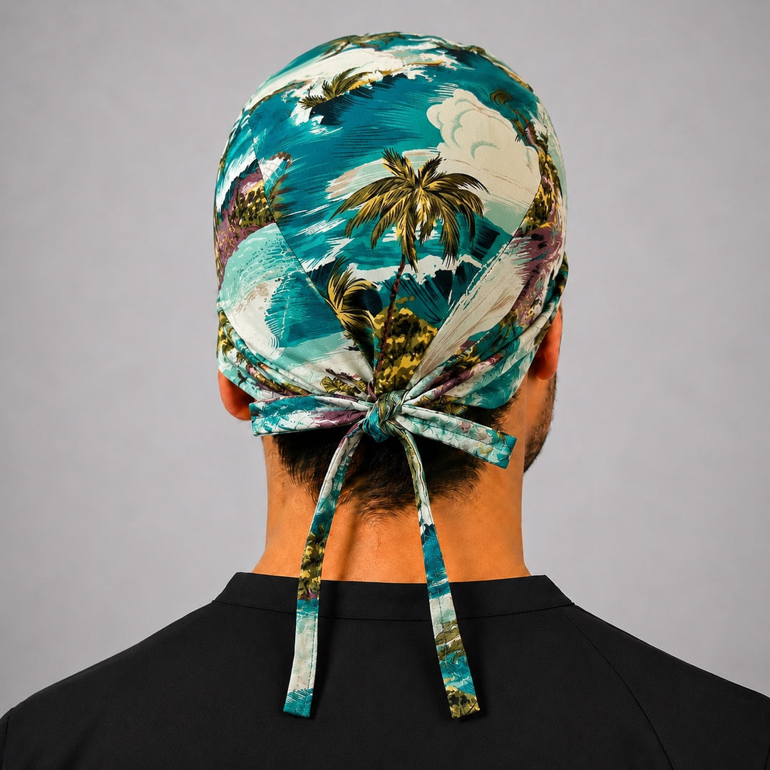 Back view of adjustable tie-back knot on Polynesian canoe island tropical scrub cap surgical hat for men