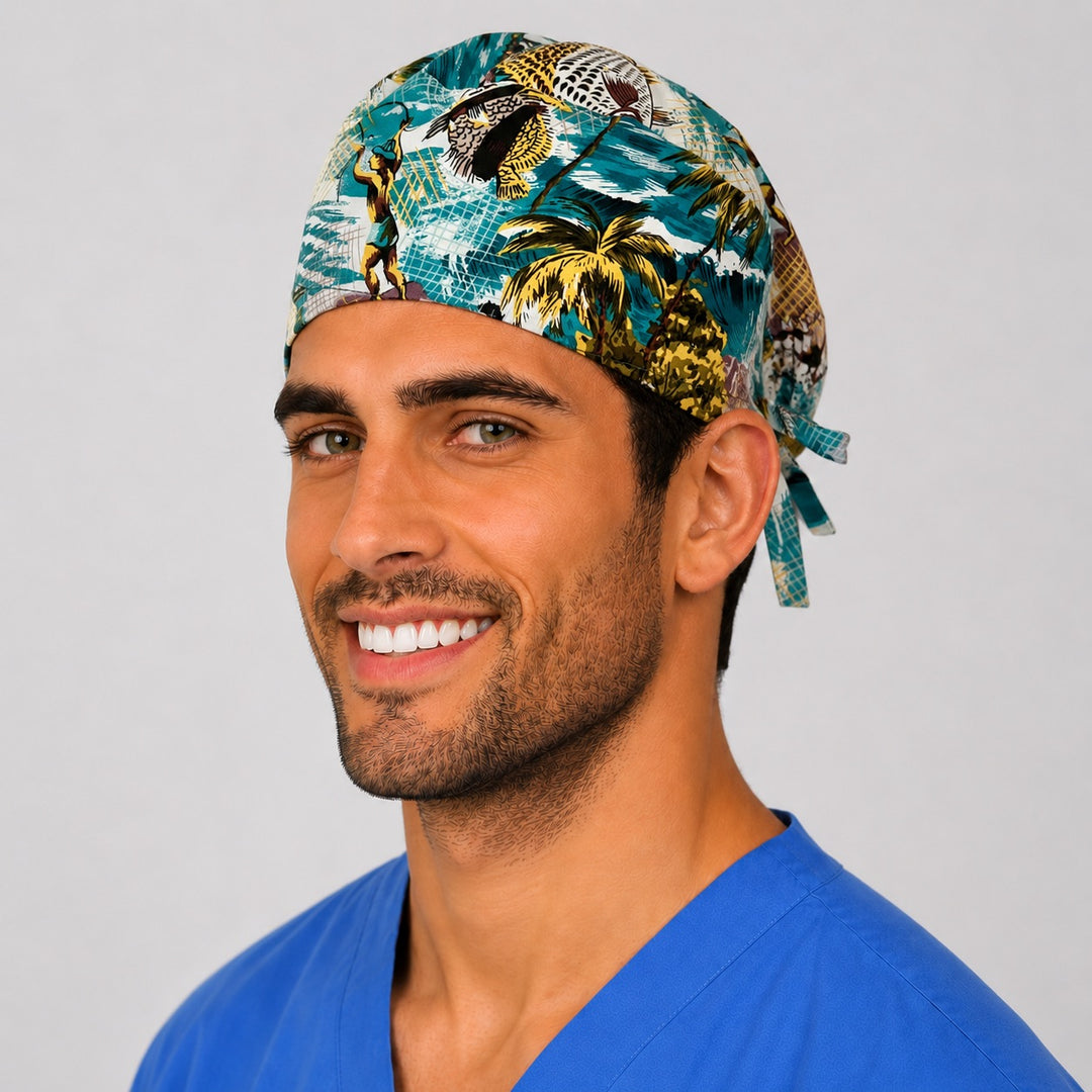 Side profile of the Polynesian fishing tie-back scrub cap showing the tropical fisherman and palm print with tie closure