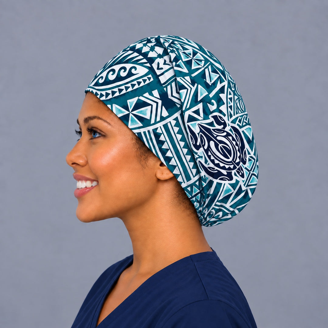 Polynesian tribal Euro cap, left side profile — handmade sea turtle print surgical cap, USA made