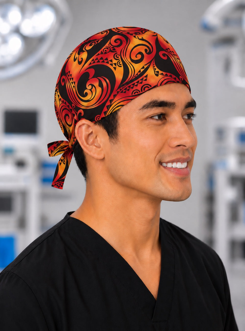 Side view of the adjustable tie-back closure on a Polynesian tribal scrub cap for men, red and orange tattoo print surgical hat for the OR