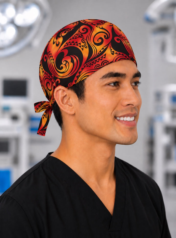 Side view of the adjustable tie-back closure on a Polynesian tribal scrub cap for men, red and orange tattoo print surgical hat for the OR