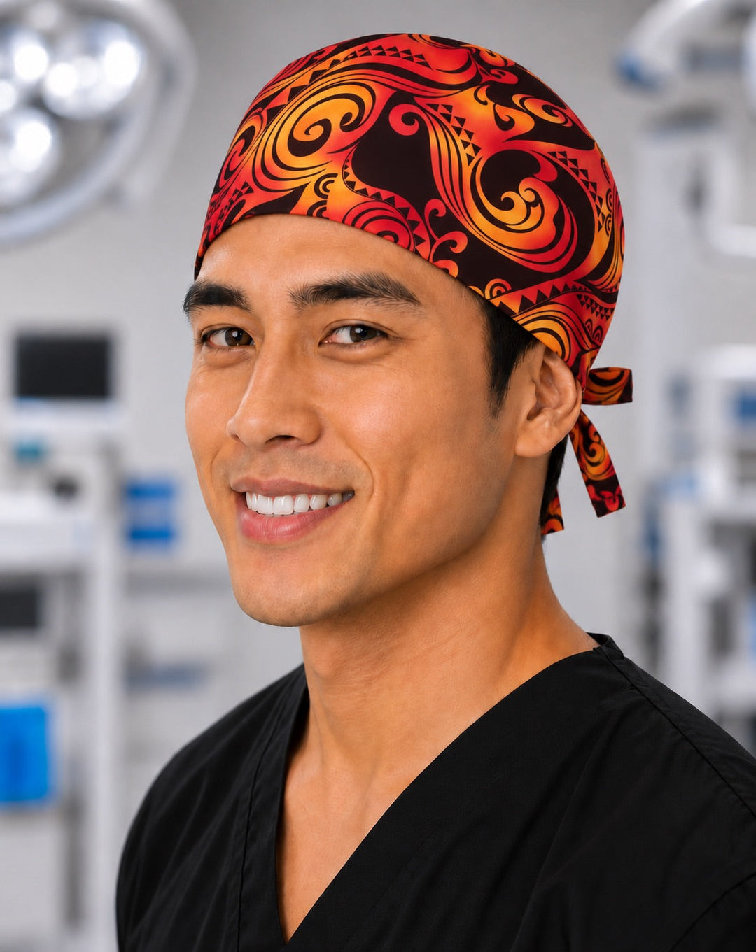 Polynesian tribal scrub cap for men, red and orange tribal tattoo print tie-back surgical hat worn by an OR nurse, handmade in the USA