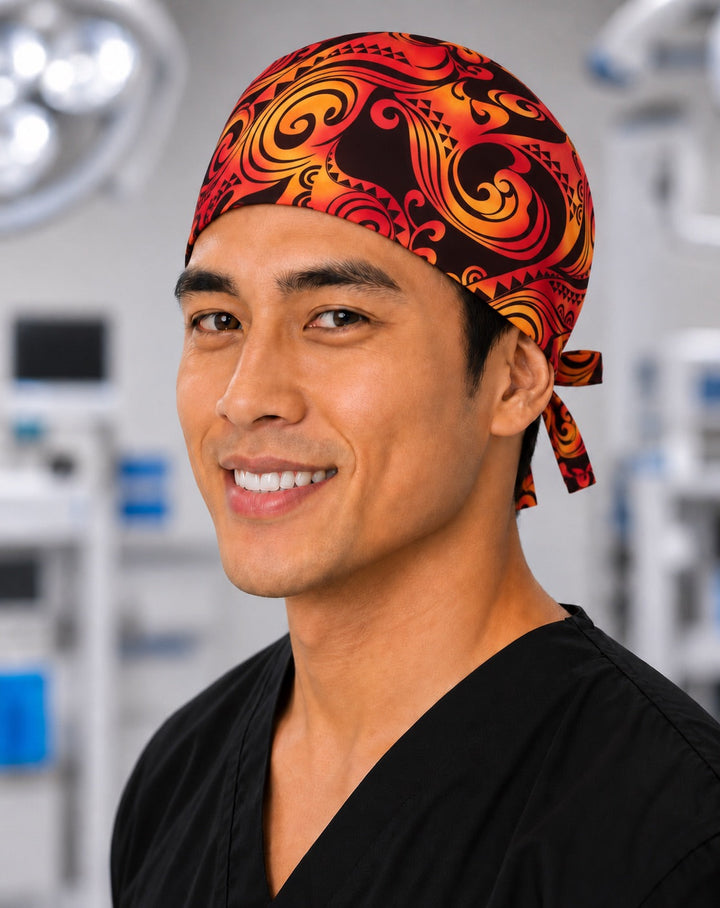 Polynesian tribal scrub cap for men, red and orange tribal tattoo print tie-back surgical hat worn by an OR nurse, handmade in the USA