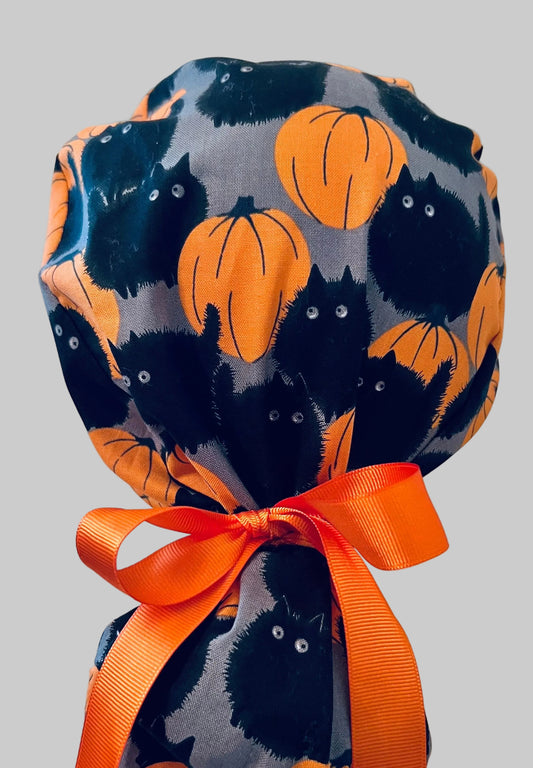 Ponytail Halloween Black Cat & Pumpkin Scrub Cap | Surgical Hat for Long Hair | Adjustable OR Cap for Nurses & Surgeons | Satin Lining Option