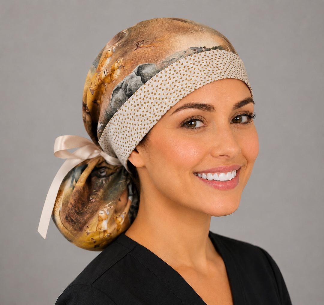 Three-quarter view of African safari ponytail scrub cap for women with satin ribbon tie and dotted band