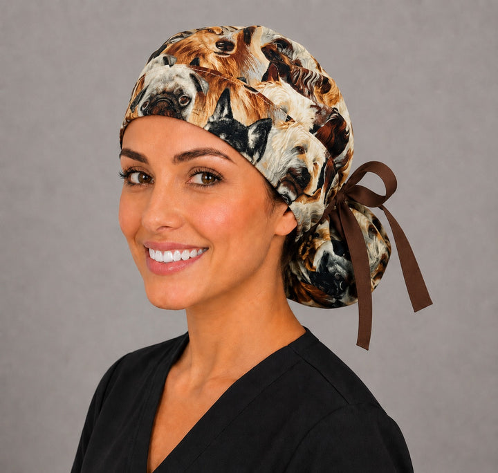 Dog lover ponytail scrub cap side profile with brown grosgrain ribbon tie-back and roomy pouch of realistic dog faces