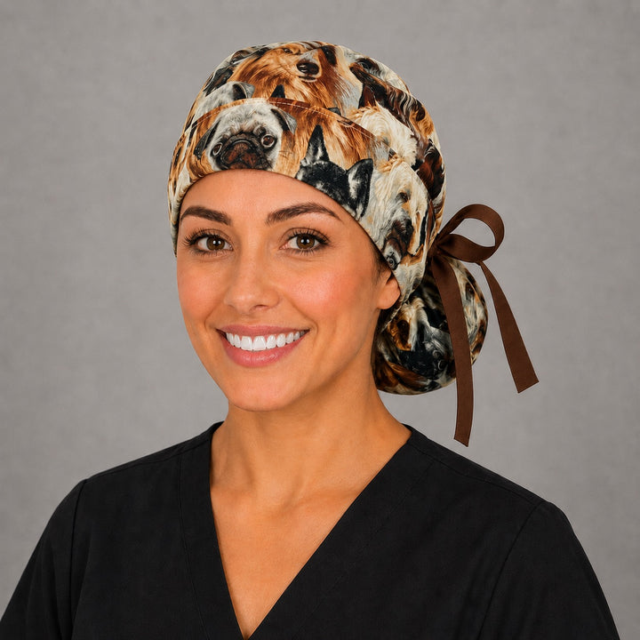 Dog lover ponytail scrub cap left three-quarter angle showing full ponytail pouch of dog breeds and brown ribbon