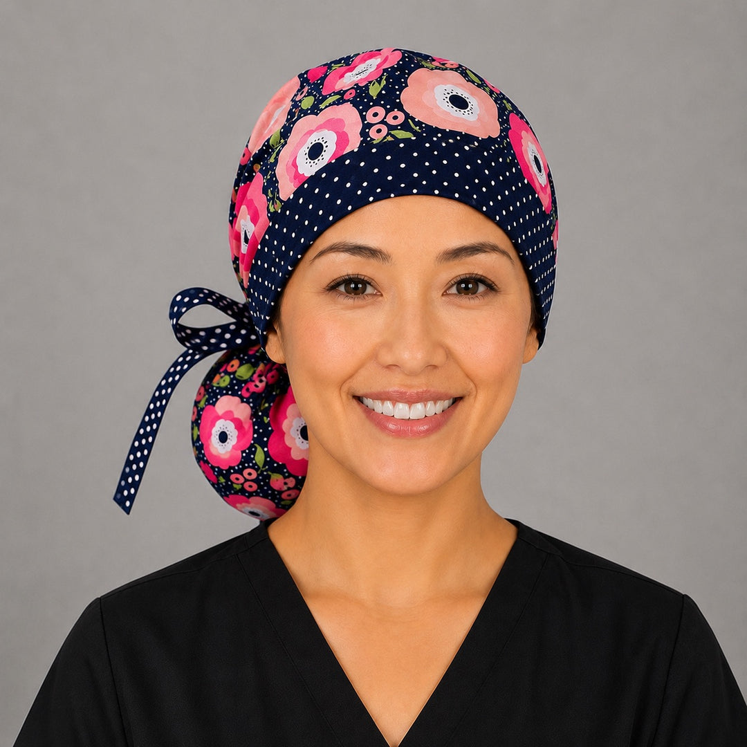 Black floral polka dot ponytail scrub cap front view on smiling model showing pink poppy print and polka dot ribbon tie