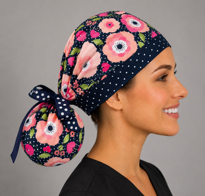 Black floral polka dot ponytail scrub cap left profile showing full gathered pouch of pink poppies and polka dot ribbon tie-back