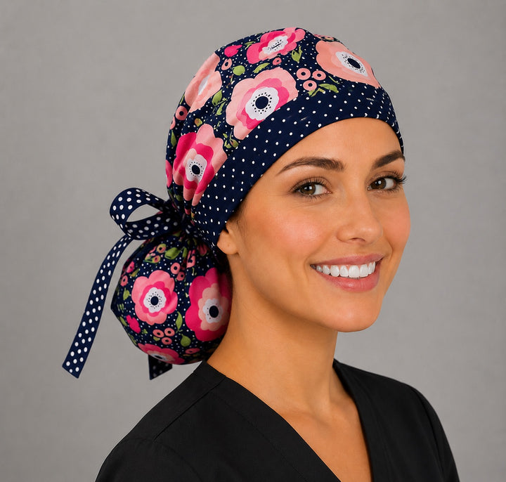 Black floral polka dot ponytail scrub cap right three-quarter angle on smiling model showing pink poppies and polka dot ribbon bow