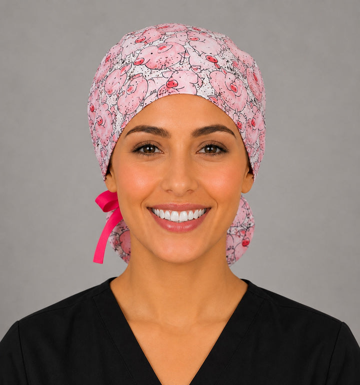 Pink pig ponytail scrub cap back view on mannequin showing gathered pouch full of cute cartoon pigs and hot pink ribbon bow