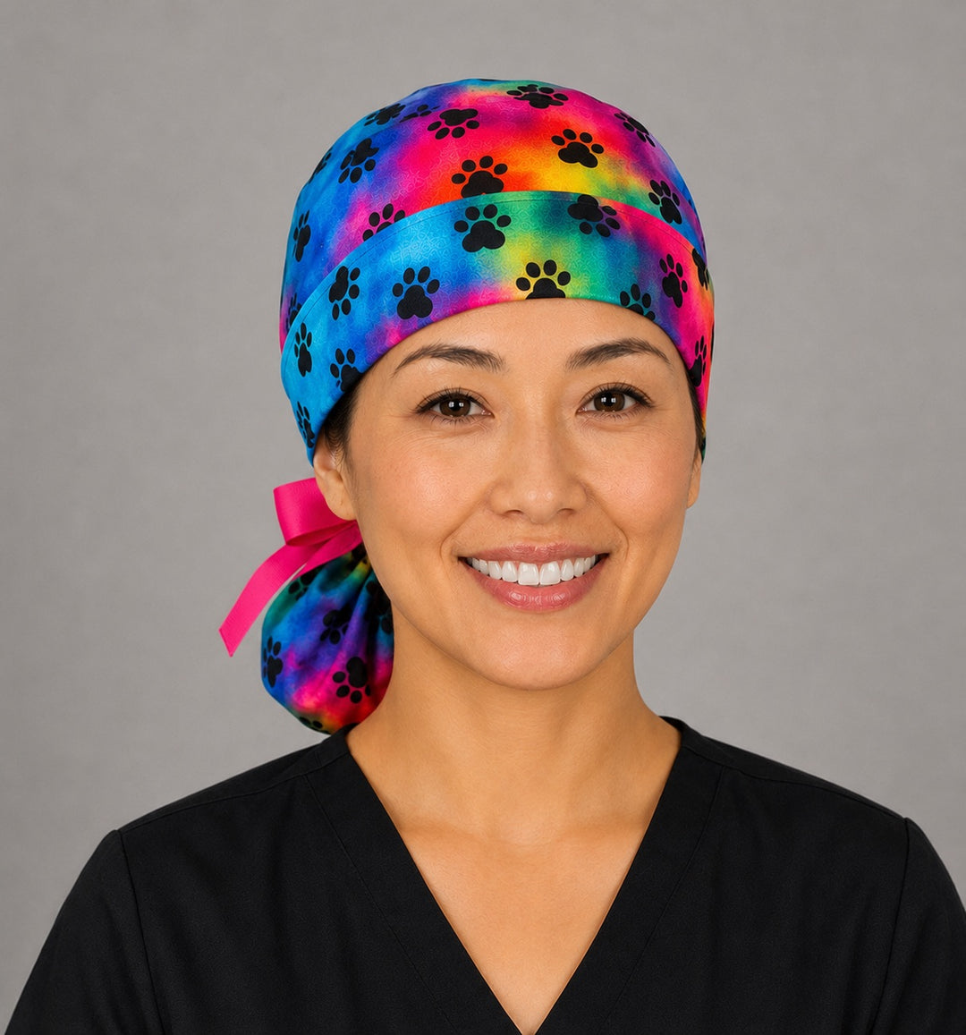 Tie dye puppy paw rainbow ponytail scrub cap front view on second smiling model showing rainbow paw print and pink ribbon tie
