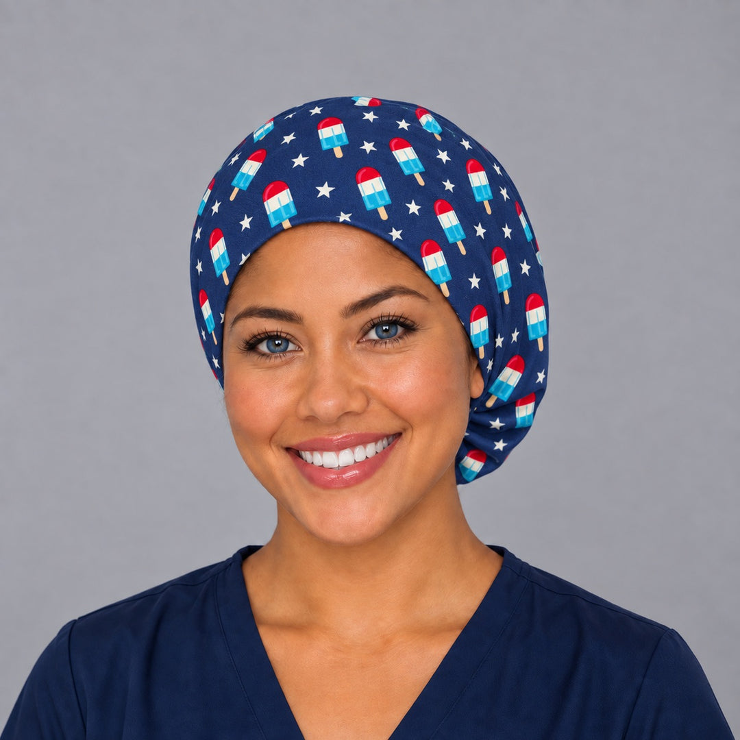 Pops of Joy Euro surgical cap, left angled view — elastic adjustable back that secures long or thick hair