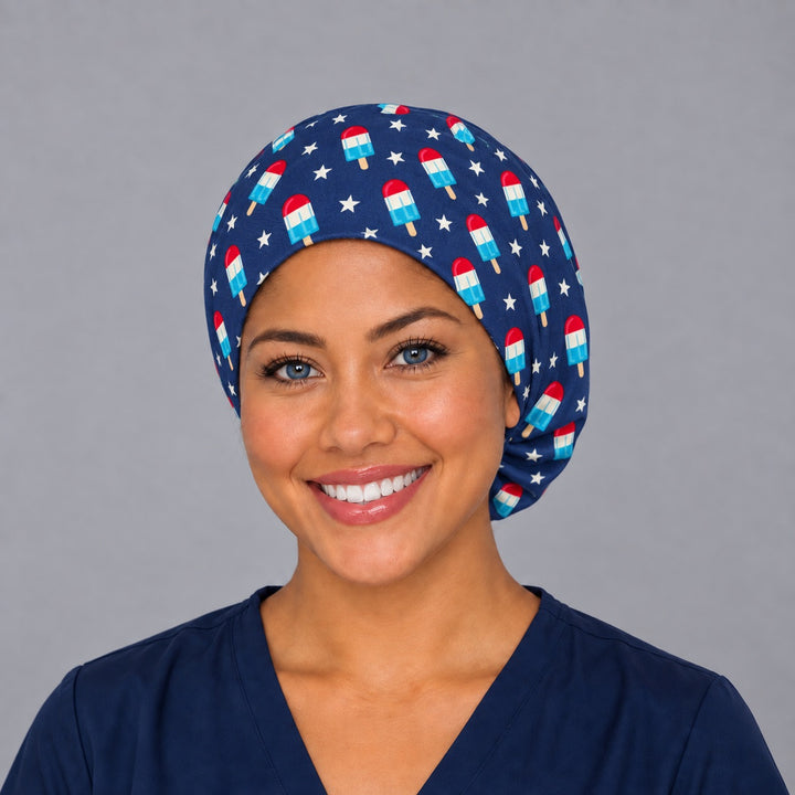 Pops of Joy Euro surgical cap, left angled view — elastic adjustable back that secures long or thick hair