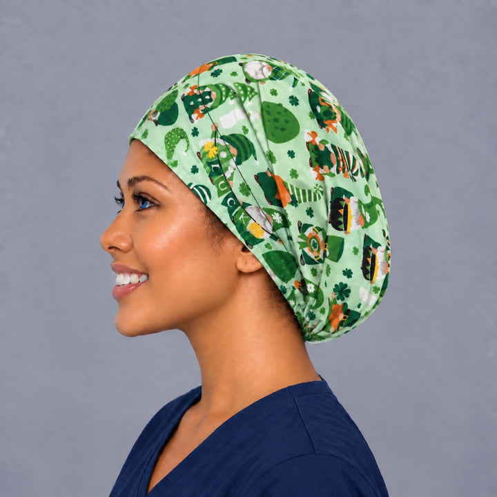 Pot of gold gnome Euro surgical cap, left angled view — elastic adjustable back that secures long or thick hair