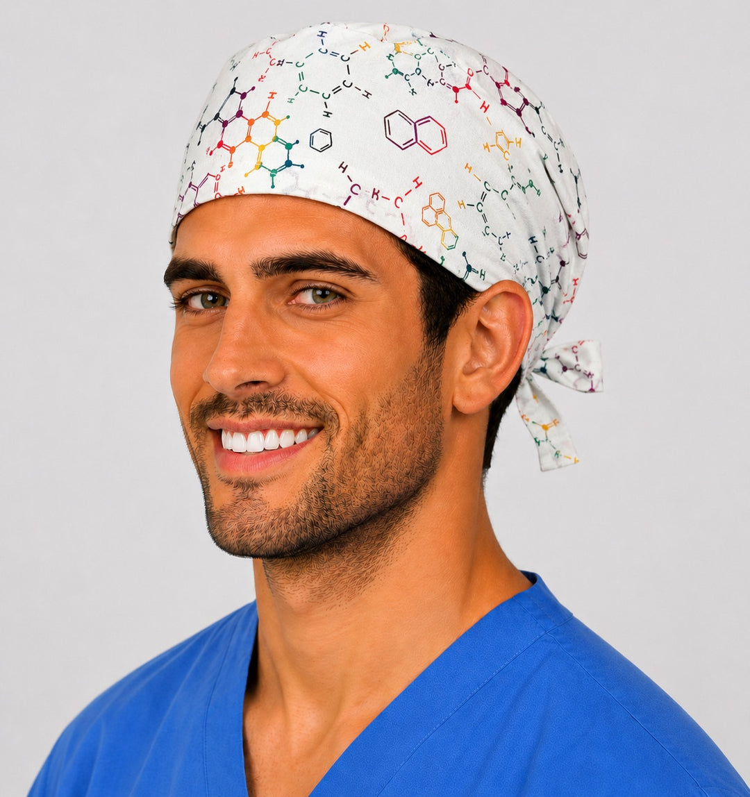 Propofol anesthesia molecule scrub cap front view — colorful chemistry molecular structures on white, tie-back surgical cap for CRNAs and nurses
