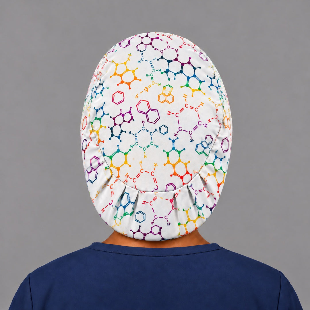 Back view of the propofol euro cap, showing the oval crown panel of chemical structures and the evenly pleated elastic band at the nape