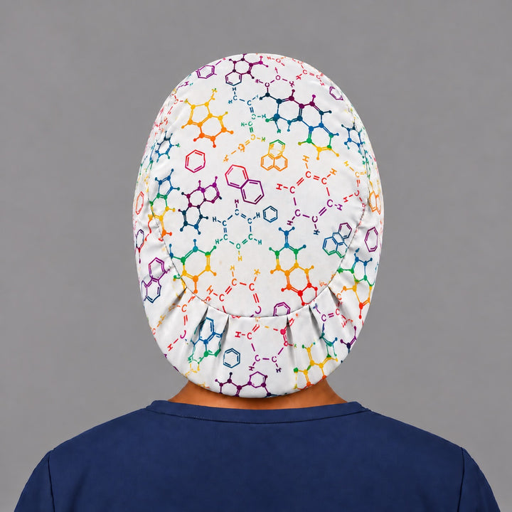 Back view of the propofol euro cap, showing the oval crown panel of chemical structures and the evenly pleated elastic band at the nape