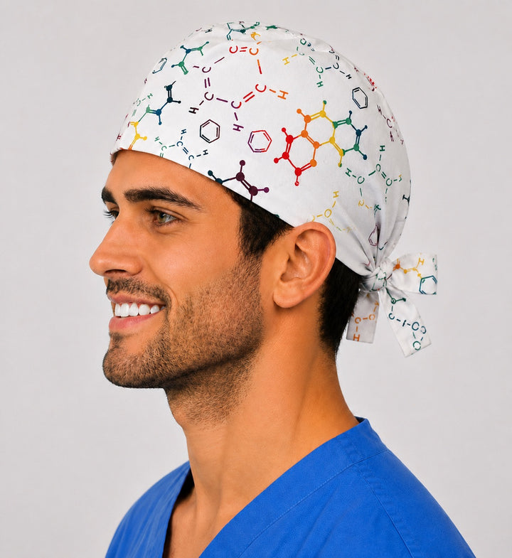 Propofol molecule surgical cap side view — adjustable tie-back closure, anesthesia chemistry print scrub cap for CRNAs and OR techs