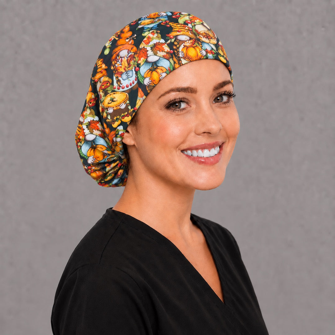 Pumpkin gnome Euro scrub cap, left side profile — handmade autumn leaf print surgical cap, USA made