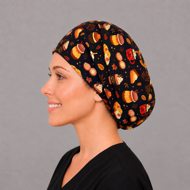 Pumpkin pie and latte Euro cap for women, left side profile — handmade fall dessert surgical cap, USA made