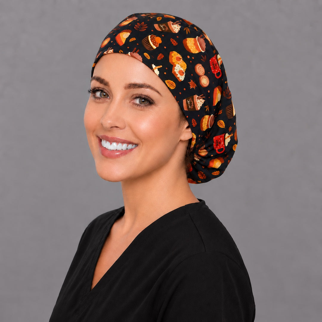 Pumpkin spice Euro surgical cap, right angled smiling view — cozy autumn print for OR nurses and surgical techs