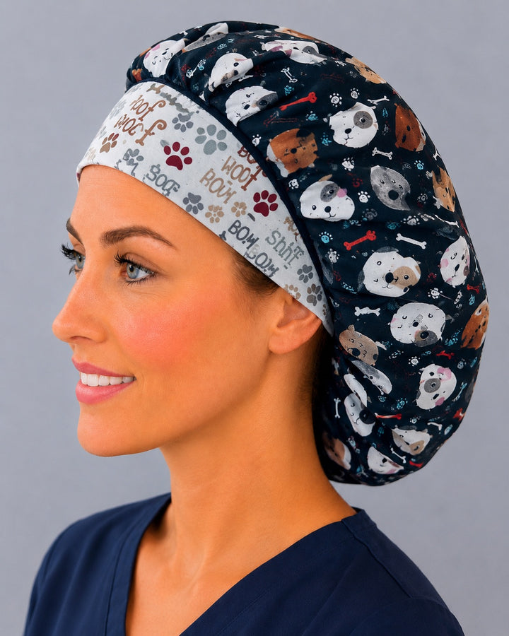 Puppy bouffant scrub cap side profile on a smiling vet tech — navy dog print roomy cap that secures long thick hair for veterinary staff