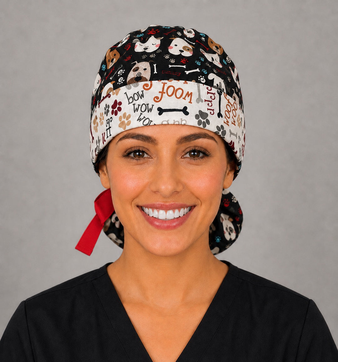 Puppy dog lover ponytail scrub cap back view close-up showing gathered pouch full of cartoon dog faces, bones, paw prints and red ribbon bow