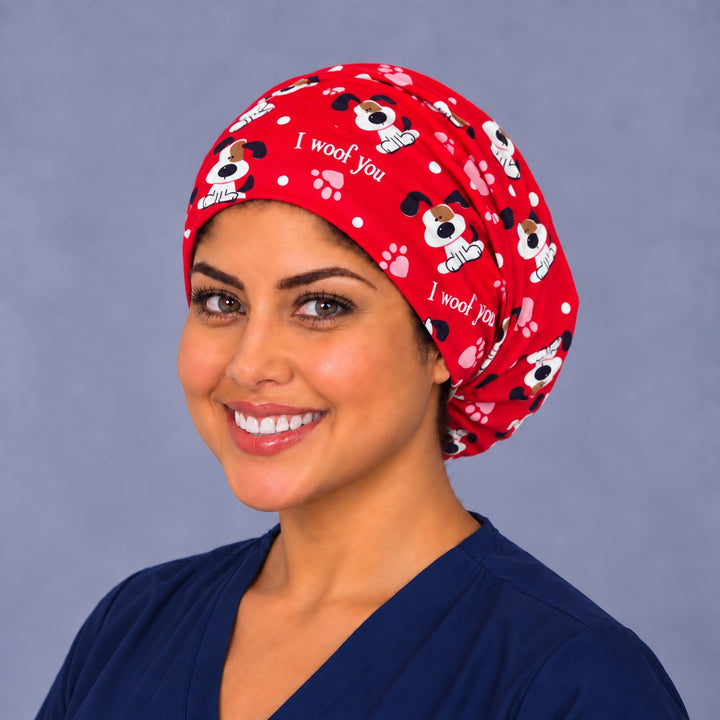 Puppy heart Euro surgical cap, left angled view — elastic adjustable back that secures long or thick hair