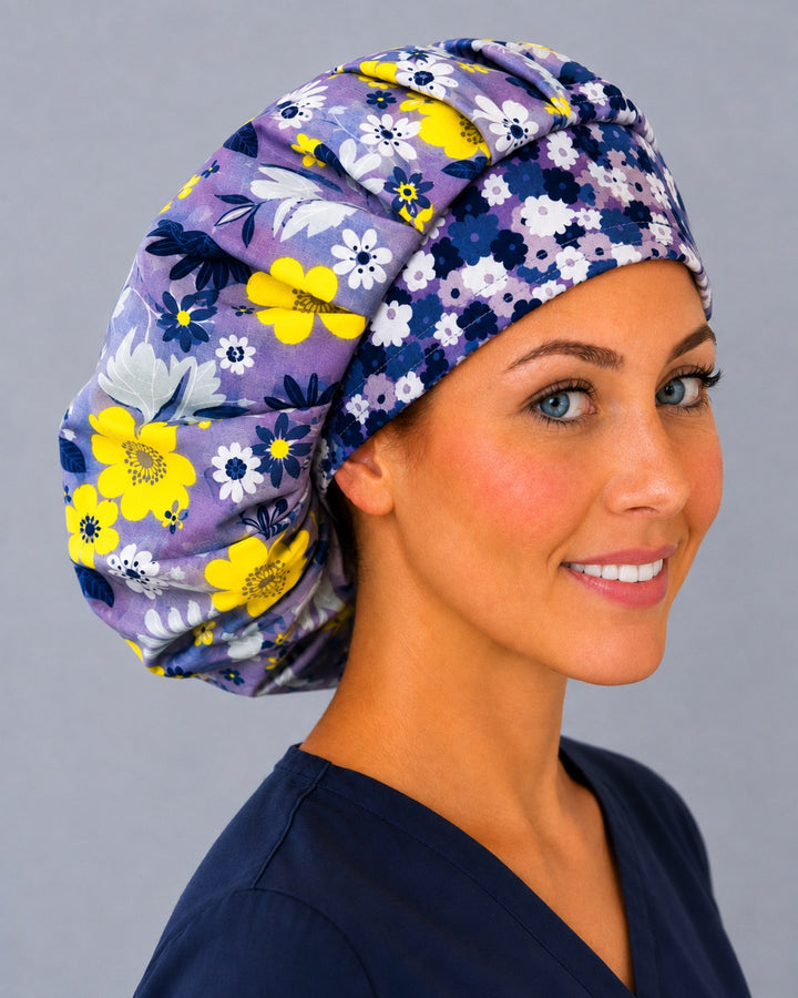 Purple daisy bouffant cap for women, right angled view — handmade lavender floral surgical cap, USA made