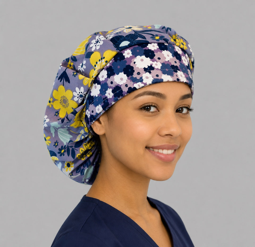 Three-quarter smiling view of the purple floral bouffant scrub cap — lavender yellow bloom nurse gift, breathable handmade bouffant surgical hat for women