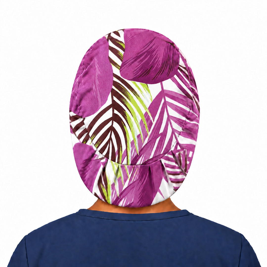 Back view of the purple tropical Euro scrub cap — elastic gathered back showing magenta and lime palm leaves across the crown