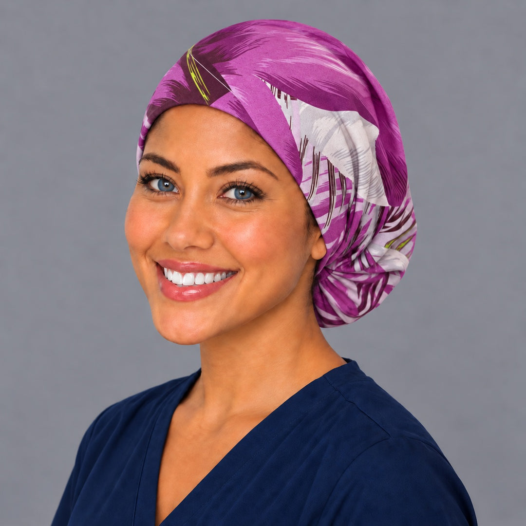 Purple and white bloom Euro surgical cap, right angled view — elastic adjustable back that secures long or thick hair