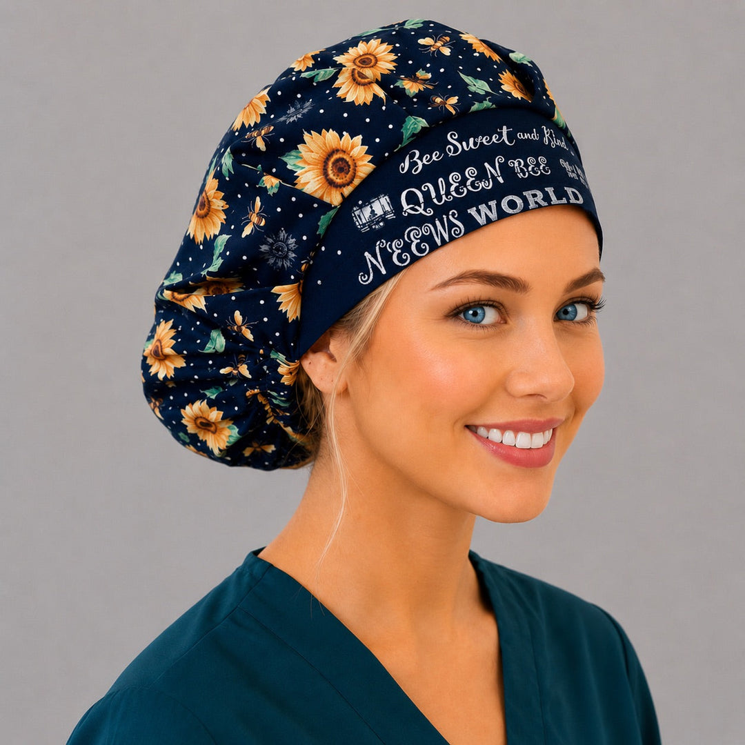Right side profile of the Queen Bee band sunflower bouffant surgical hat — honeybees and sunflowers on black, roomy breathable cotton cap