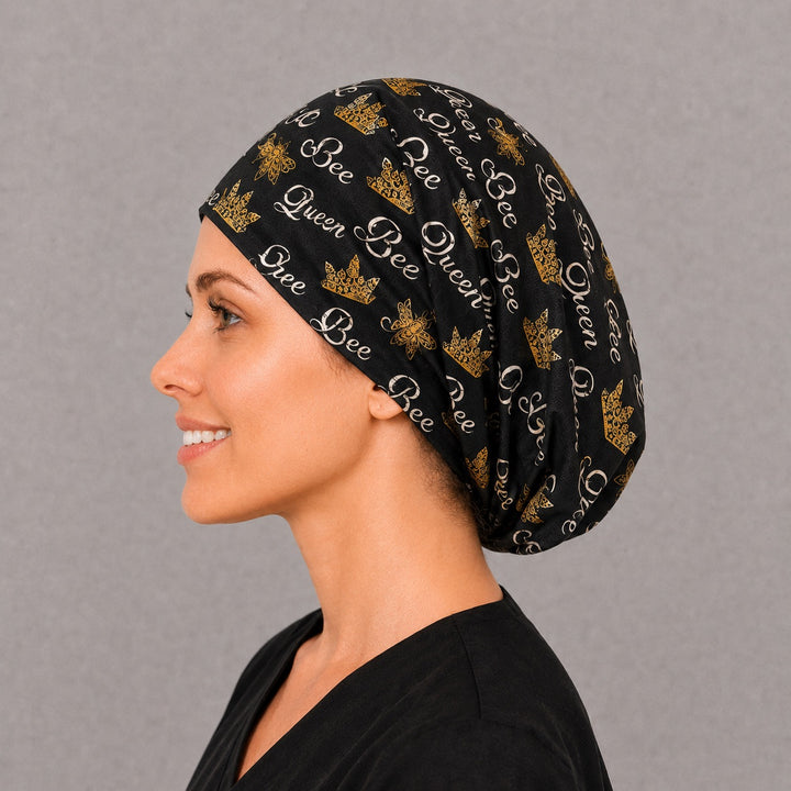 Queen Bee Euro cap for women, left side profile — handmade gold crown print surgical cap, USA made