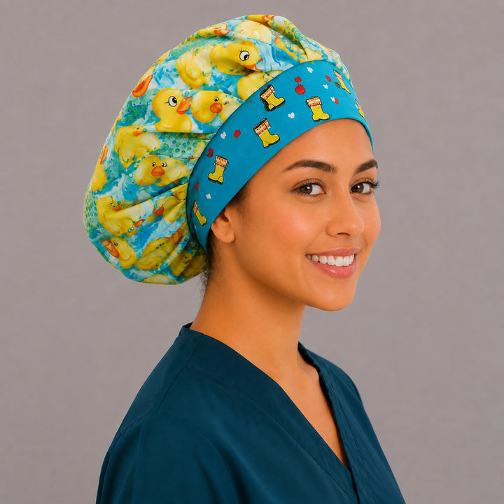Rain boot and duck bouffant scrub cap, right angled view — roomy elastic-back cap that secures long thick or braided hair