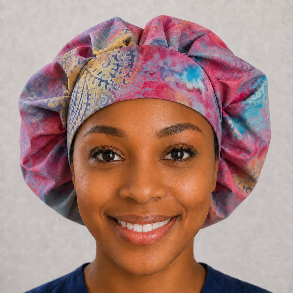 Left side profile of the rainbow batik paisley bouffant surgical hat — pink, blue, yellow and lime hand-dyed print, roomy breathable cotton cap