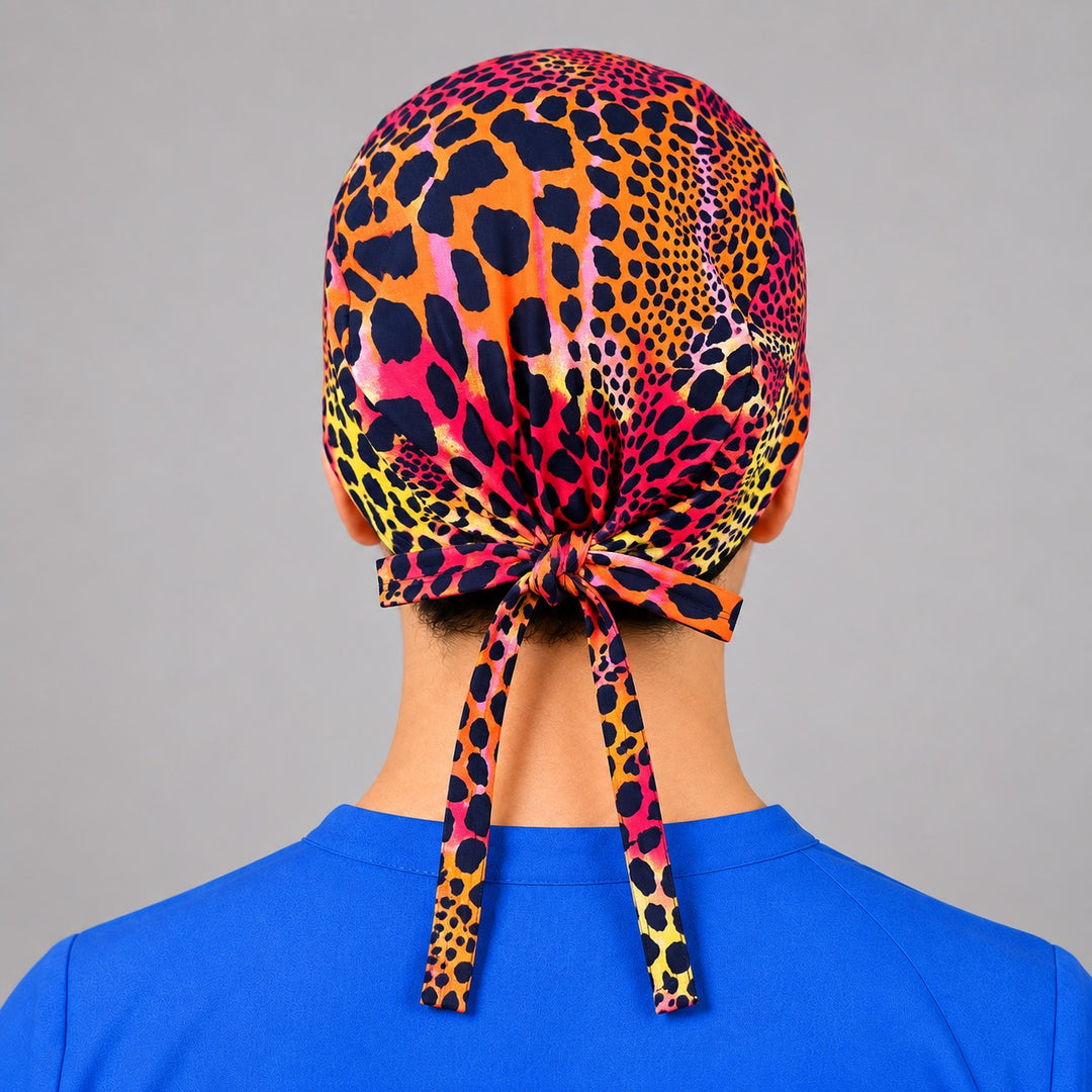 Back tie closure detail on rainbow cheetah scrub cap, unisex OR hat that adjusts to any head size