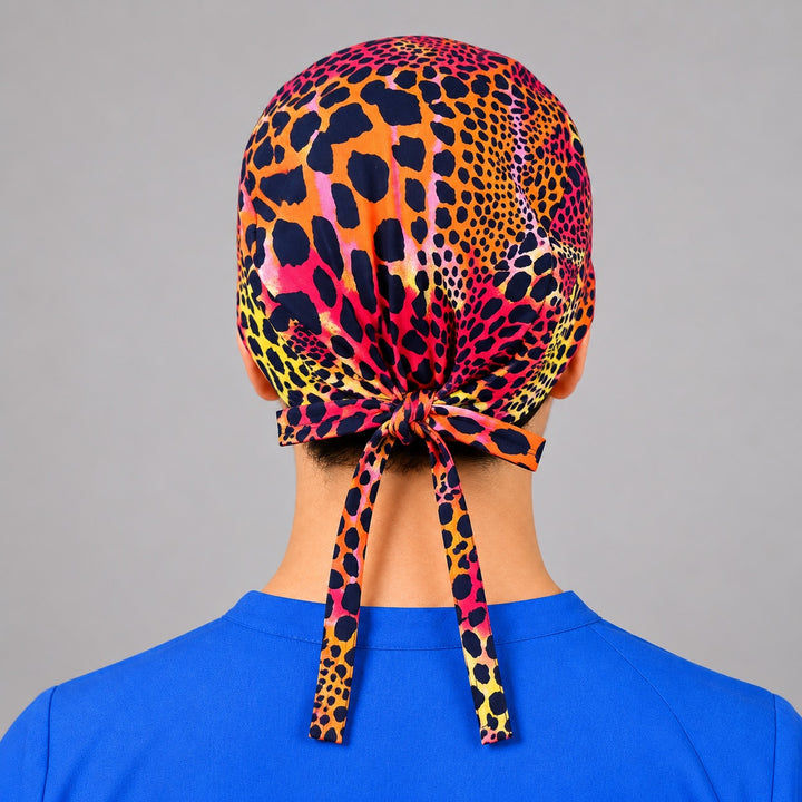 Back tie closure detail on rainbow cheetah scrub cap, unisex OR hat that adjusts to any head size