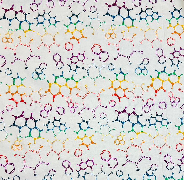 Close-up of the rainbow chemical structure cotton fabric, with hand-drawn C-H bonds, hexagon rings and ball-and-stick molecules on white