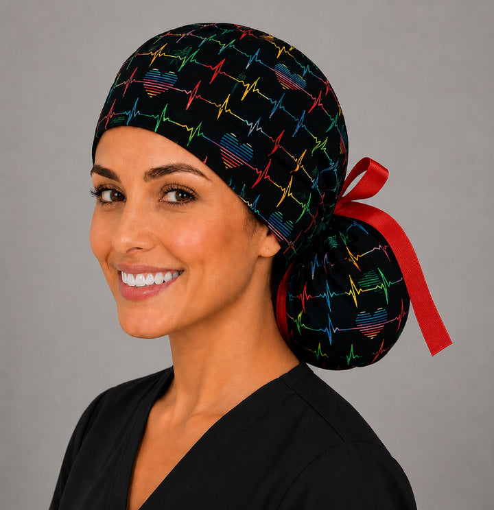Rainbow EKG heartbeat ponytail surgical cap right three-quarter angle on smiling model showing colorful heartbeat lines and hearts on black with red ribbon bow